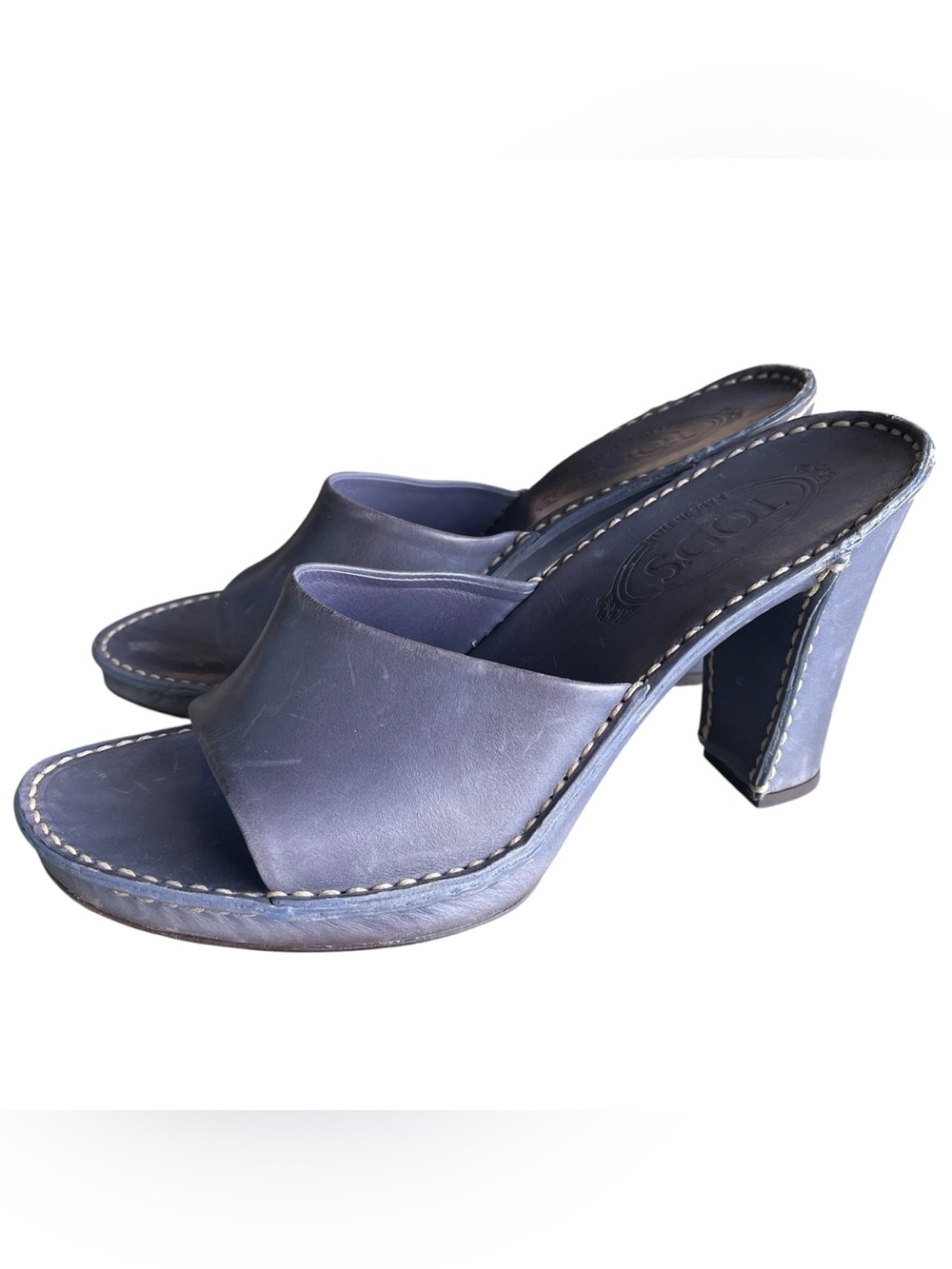 Tod’s Leather Slate Blue Chunky Heel Y2K Slip On Sandals 8